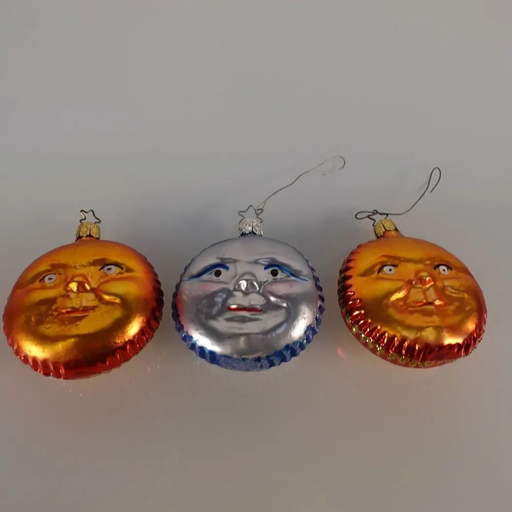 Vintage Germany Lot of 3 Inge Glas Christmas Ornaments Orange Sun Blue Moon Face